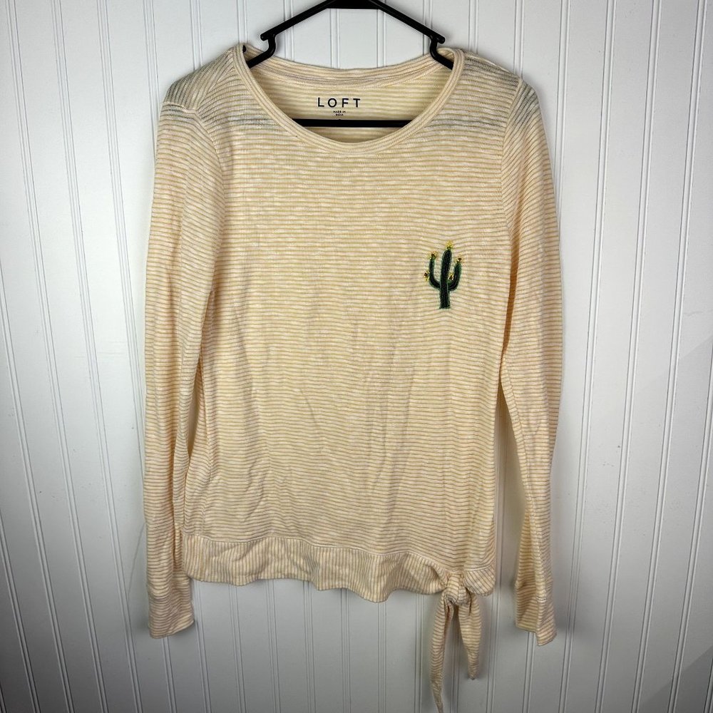 Loft Long Sleeve Shirt Tie Front Yellow Stripe Cactus Detail Size Small
